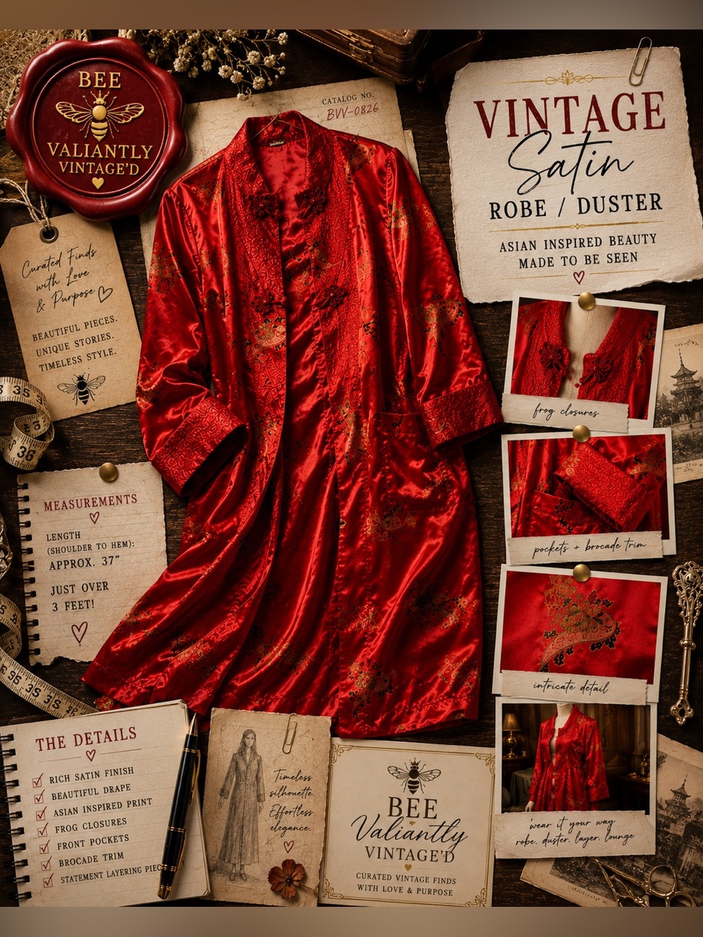 VTG Red Satin Asian Brocade Lounge Robe Duster Jacket Frog Closures - Picture 1 of 1